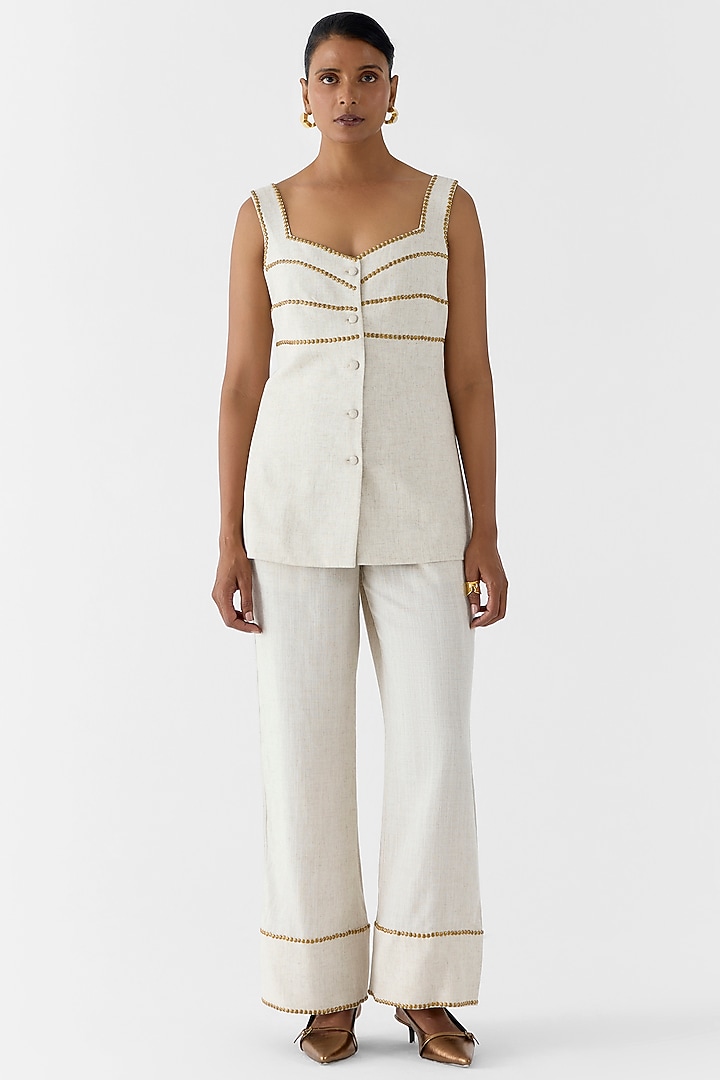 Ivory Viscose Linen Slub Hand Embroidered Blazer Set by Studio Rigu at Pernia's Pop Up Shop