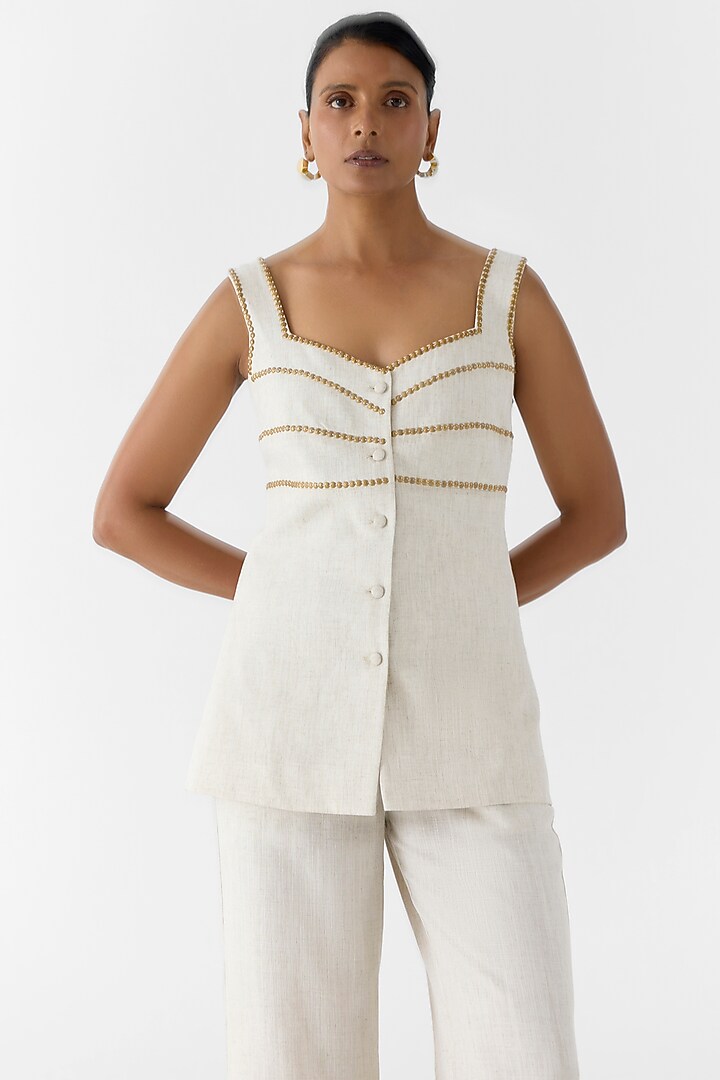 Ivory Viscose Linen Slub Hand Embroidered Blazer Set by Studio Rigu at Pernia's Pop Up Shop