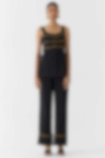 Black Viscose Linen Slub Hand Embroidered Blazer Set by Studio Rigu at Pernia's Pop Up Shop