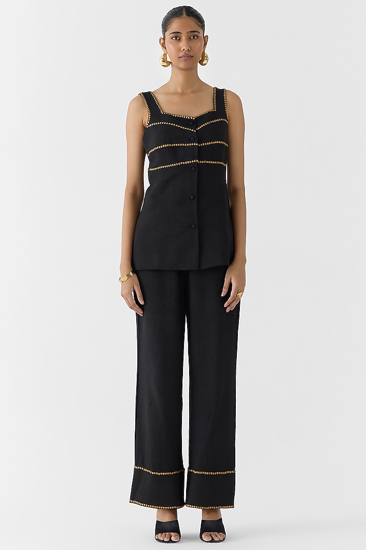 Black Viscose Linen Slub Hand Embroidered Blazer Set by Studio Rigu at Pernia's Pop Up Shop