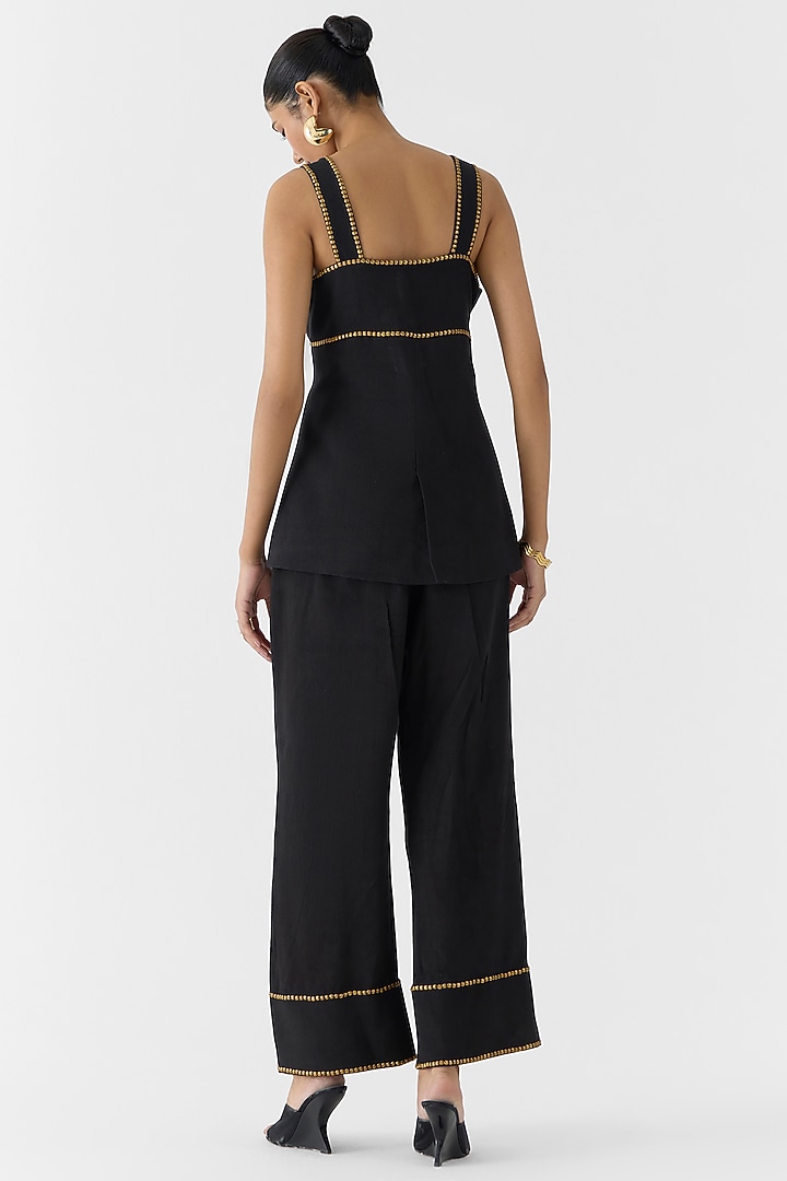 Black Viscose Linen Slub Hand Embroidered Blazer Set by Studio Rigu at Pernia's Pop Up Shop