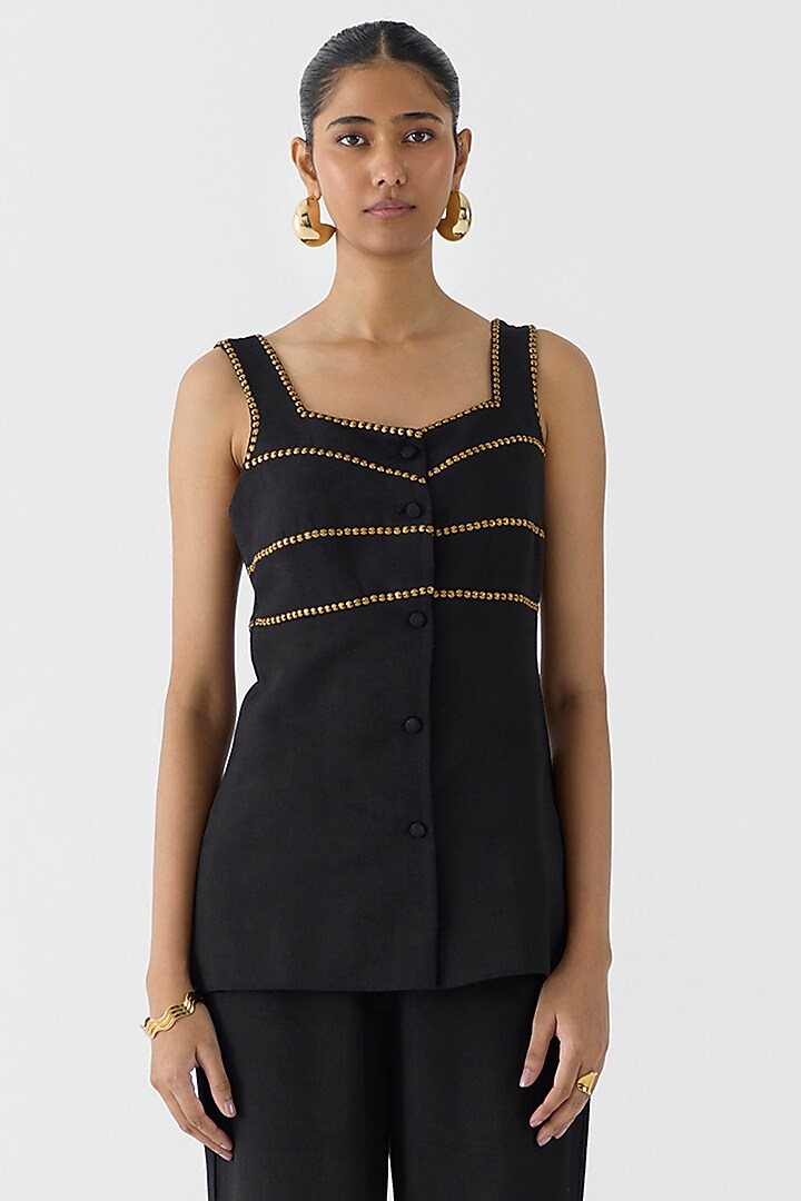 Black Viscose Linen Slub Hand Embroidered Blazer Set by Studio Rigu at Pernia's Pop Up Shop