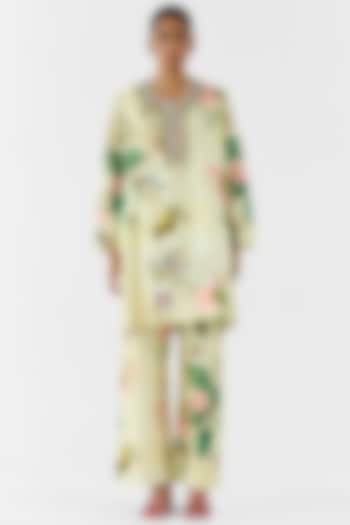 Beige Cotton Slub Swarovski Hand Embroidered & Printed Co-Ord Set by Studio Rigu at Pernia's Pop Up Shop