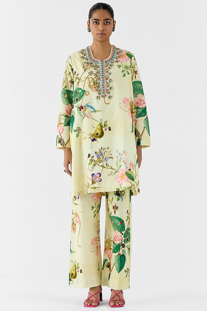 Beige Cotton Slub Swarovski Hand Embroidered & Printed Co-Ord Set by Studio Rigu at Pernia's Pop Up Shop