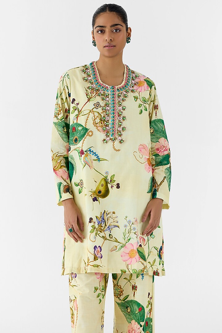 Beige Cotton Slub Swarovski Hand Embroidered & Printed Co-Ord Set by Studio Rigu at Pernia's Pop Up Shop