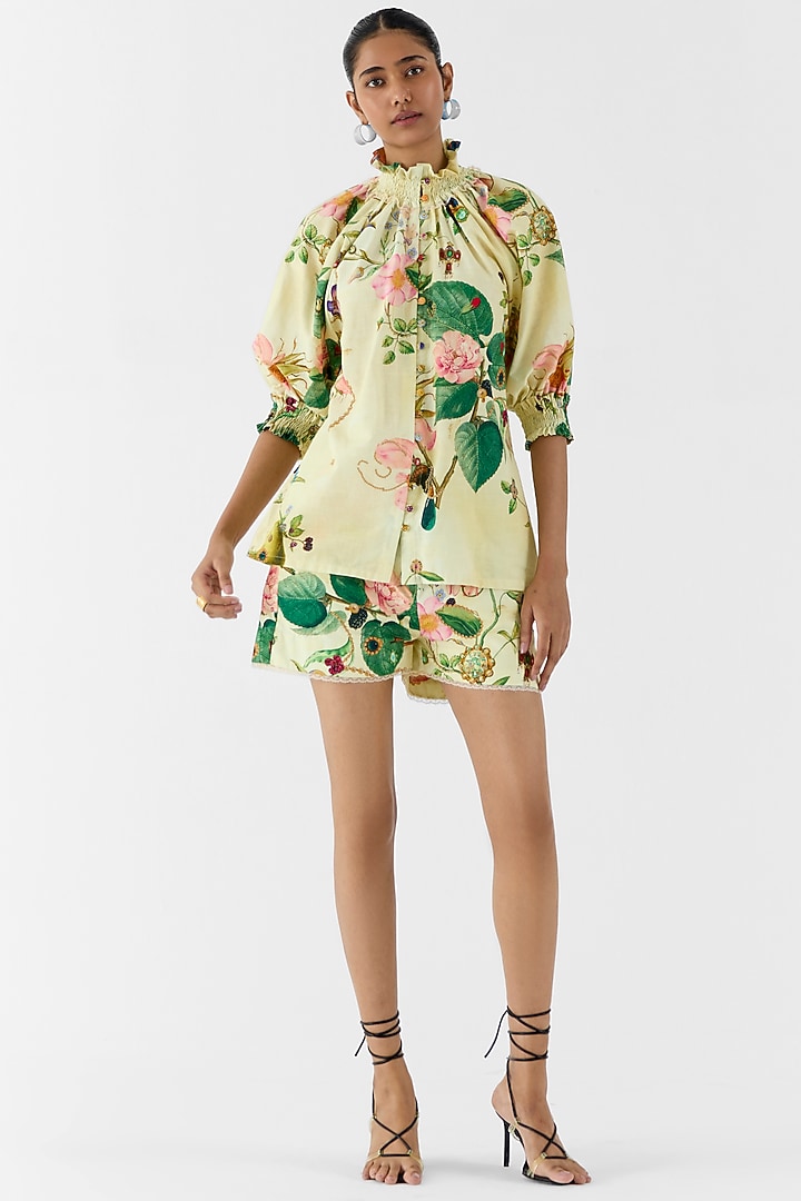 Beige Cotton Slub Floral Printed Co-Ord Set by Studio Rigu at Pernia's Pop Up Shop