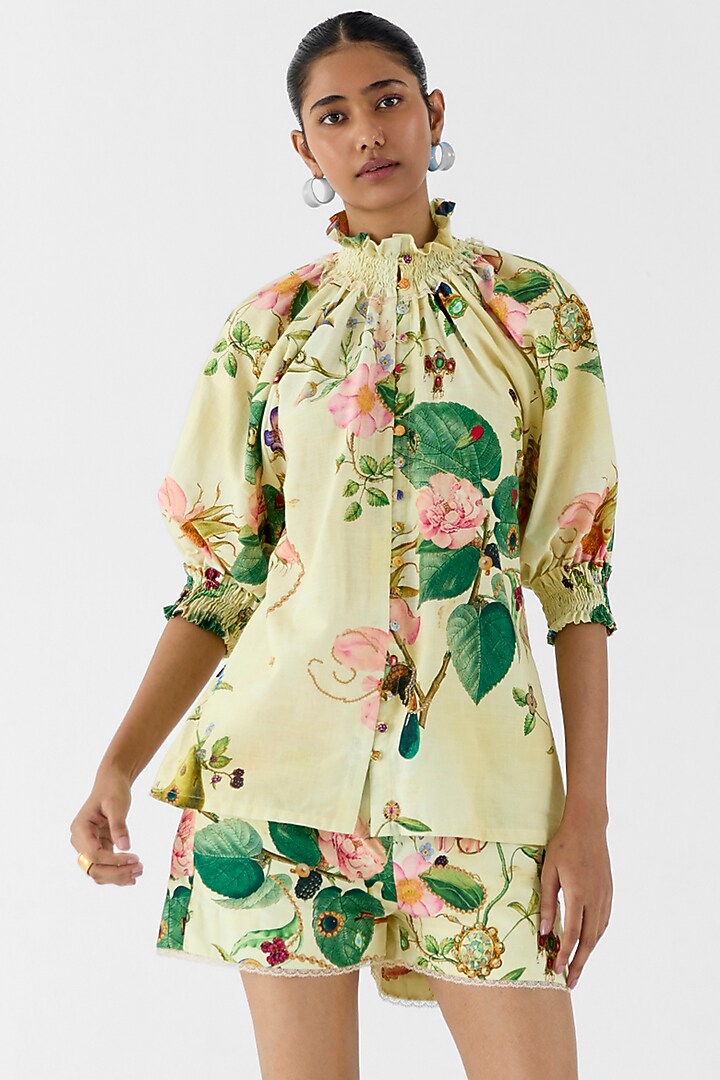 Beige Cotton Slub Floral Printed Co-Ord Set by Studio Rigu at Pernia's Pop Up Shop