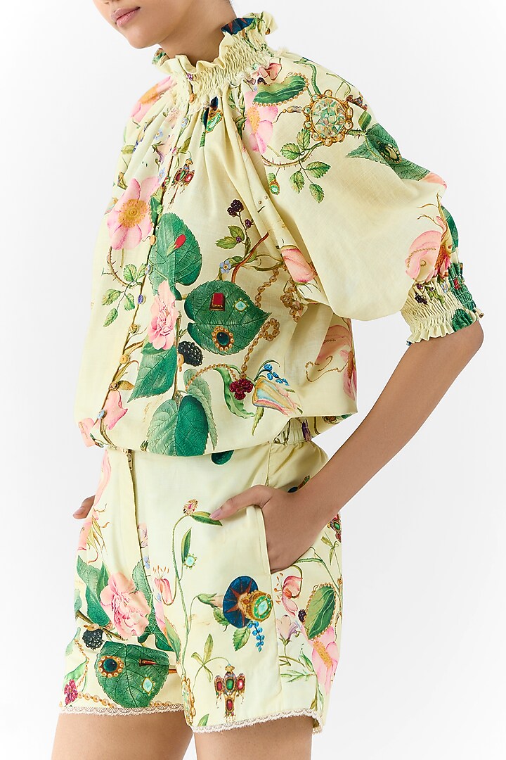 Beige Cotton Slub Floral Printed Co-Ord Set by Studio Rigu at Pernia's Pop Up Shop