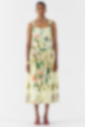 Beige Cotton Slub Hand Embroidered & Floral Printed Vacation Dress by Studio Rigu at Pernia's Pop Up Shop