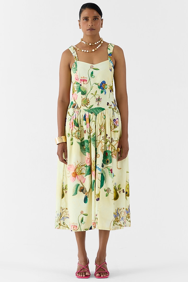 Beige Cotton Slub Hand Embroidered & Floral Printed Vacation Dress by Studio Rigu at Pernia's Pop Up Shop