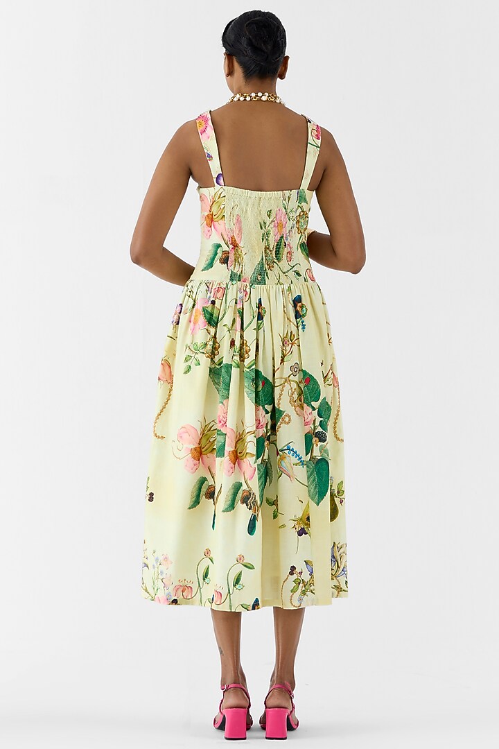 Beige Cotton Slub Hand Embroidered & Floral Printed Vacation Dress by Studio Rigu at Pernia's Pop Up Shop