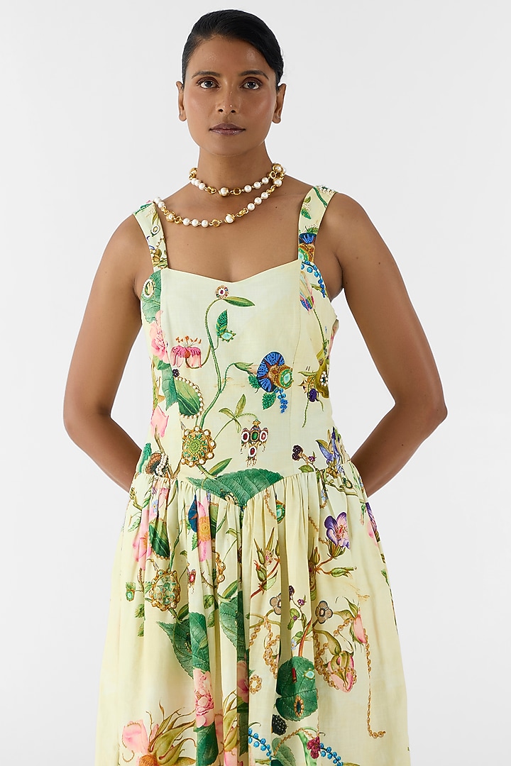 Beige Cotton Slub Hand Embroidered & Floral Printed Vacation Dress by Studio Rigu at Pernia's Pop Up Shop