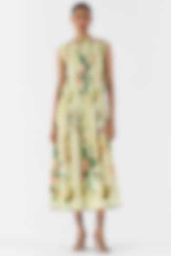 Beige Cotton Slub Floral Printed Ruched Summer Dress by Studio Rigu at Pernia's Pop Up Shop