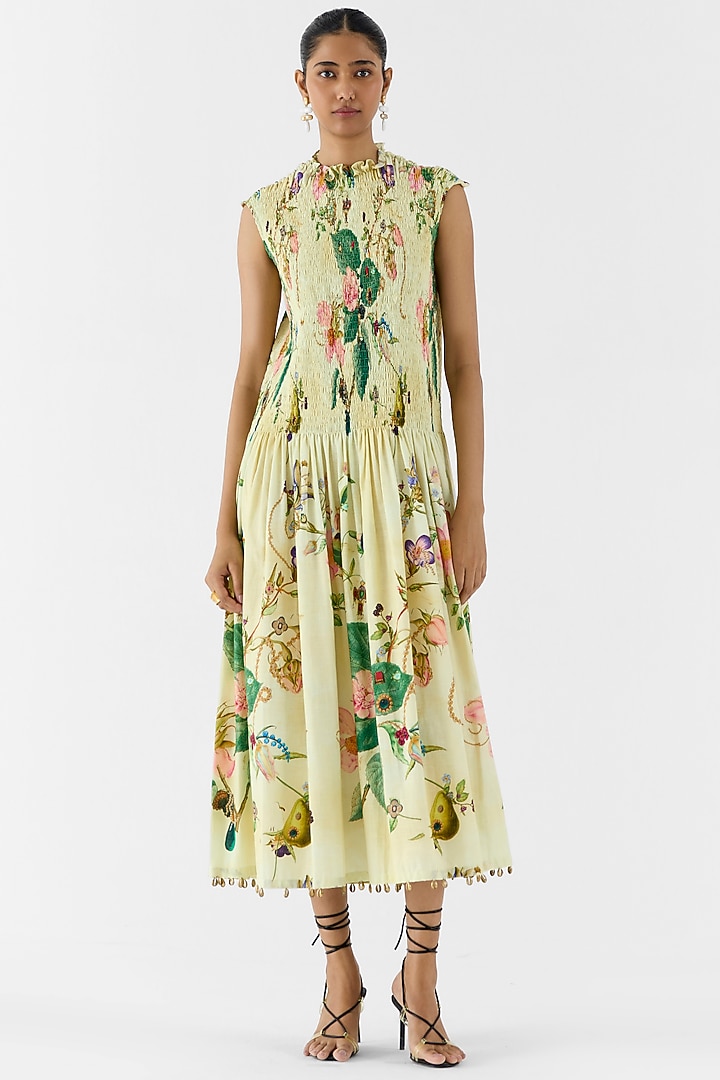 Beige Cotton Slub Floral Printed Ruched Summer Dress by Studio Rigu at Pernia's Pop Up Shop