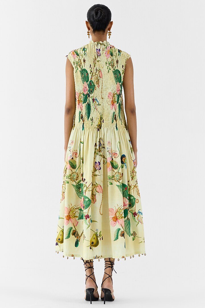 Beige Cotton Slub Floral Printed Ruched Vacation Dress by Studio Rigu at Pernia's Pop Up Shop
