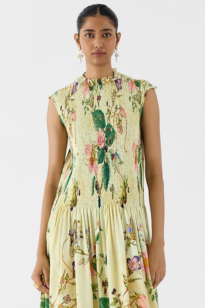 Beige Cotton Slub Floral Printed Ruched Vacation Dress by Studio Rigu at Pernia's Pop Up Shop