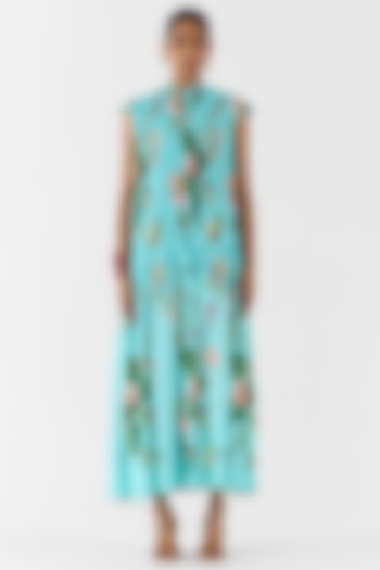 Blue Cotton Slub Floral Printed Ruched Summer Dress by Studio Rigu at Pernia's Pop Up Shop