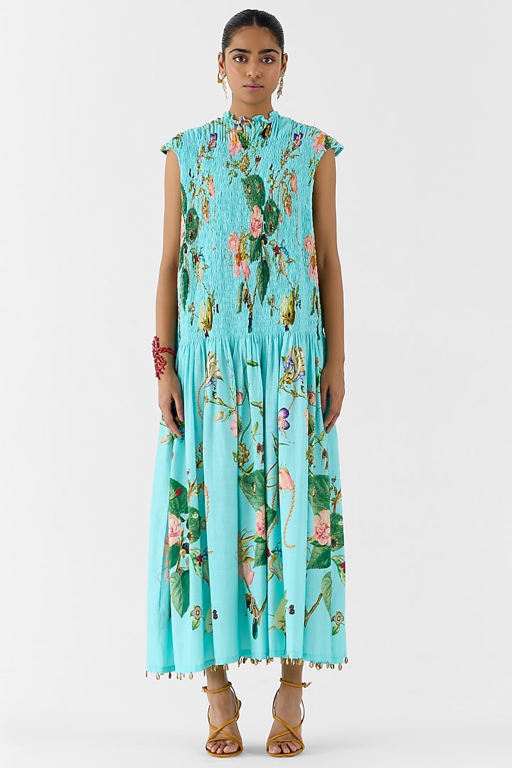 Blue Cotton Slub Floral Printed Ruched Summer Dress by Studio Rigu at Pernia's Pop Up Shop