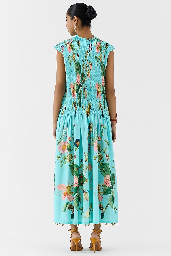 Blue Cotton Slub Floral Printed Ruched Vacation Dress by Studio Rigu at Pernia's Pop Up Shop