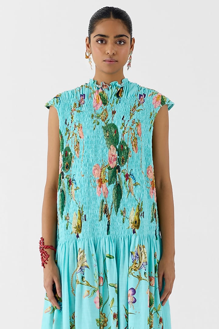 Blue Cotton Slub Floral Printed Ruched Vacation Dress by Studio Rigu at Pernia's Pop Up Shop