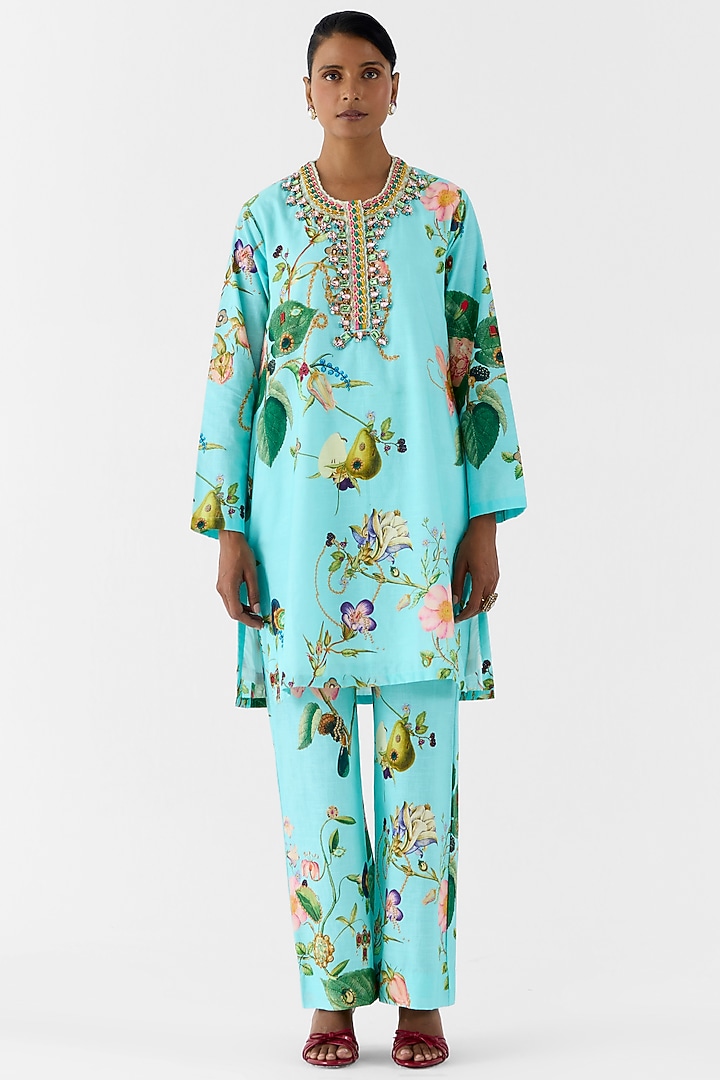 Blue Cotton Slub Hand Embroidered & Floral Printed Kurta Set by Studio Rigu at Pernia's Pop Up Shop