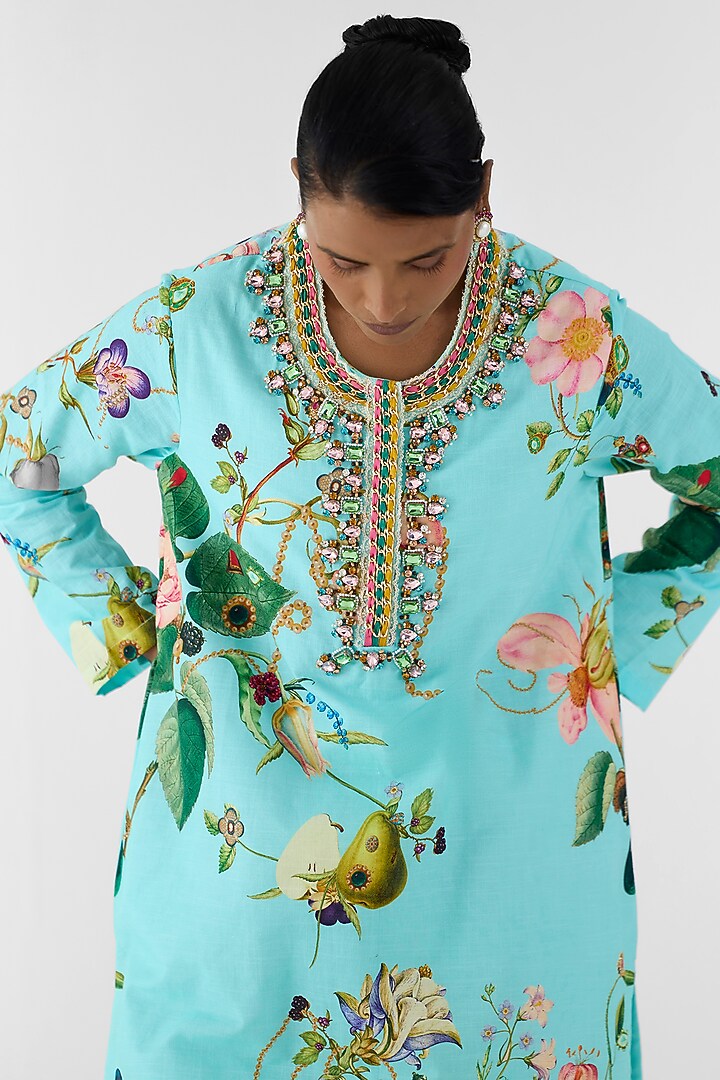 Blue Cotton Slub Hand Embroidered & Floral Printed Kurta Set by Studio Rigu at Pernia's Pop Up Shop