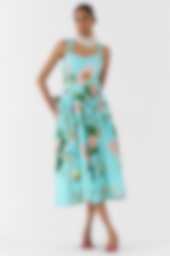 Blue Cotton Slub Hand Embroidered & Floral Printed Vacation Dress by Studio Rigu at Pernia's Pop Up Shop