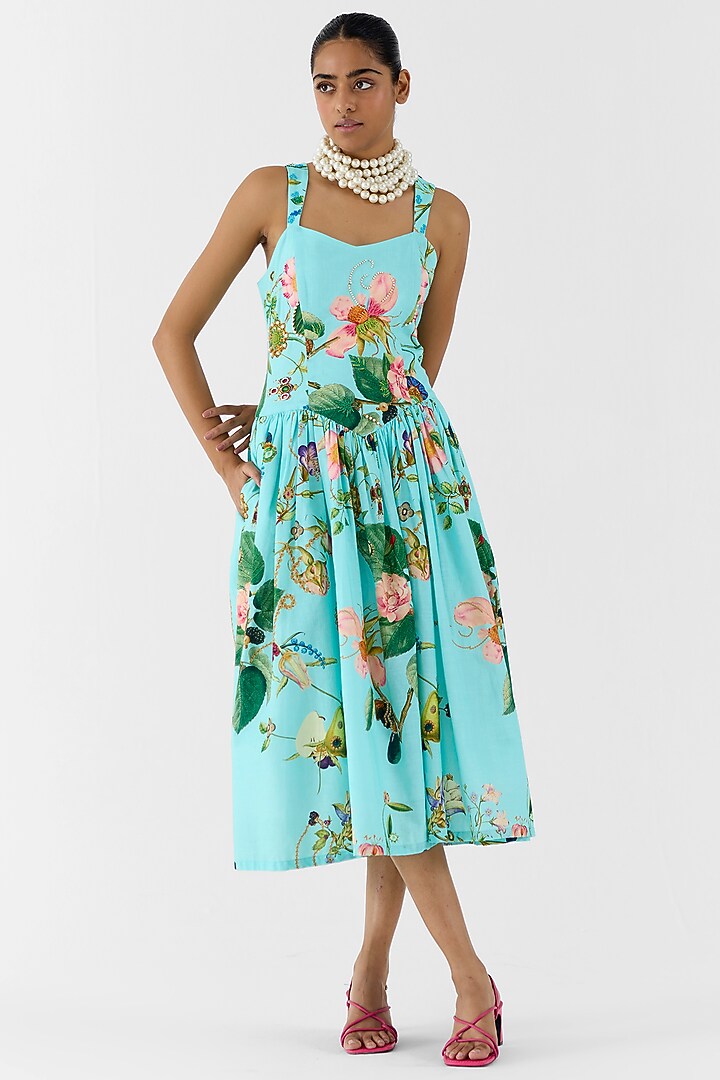 Blue Cotton Slub Hand Embroidered & Floral Printed Vacation Dress by Studio Rigu at Pernia's Pop Up Shop