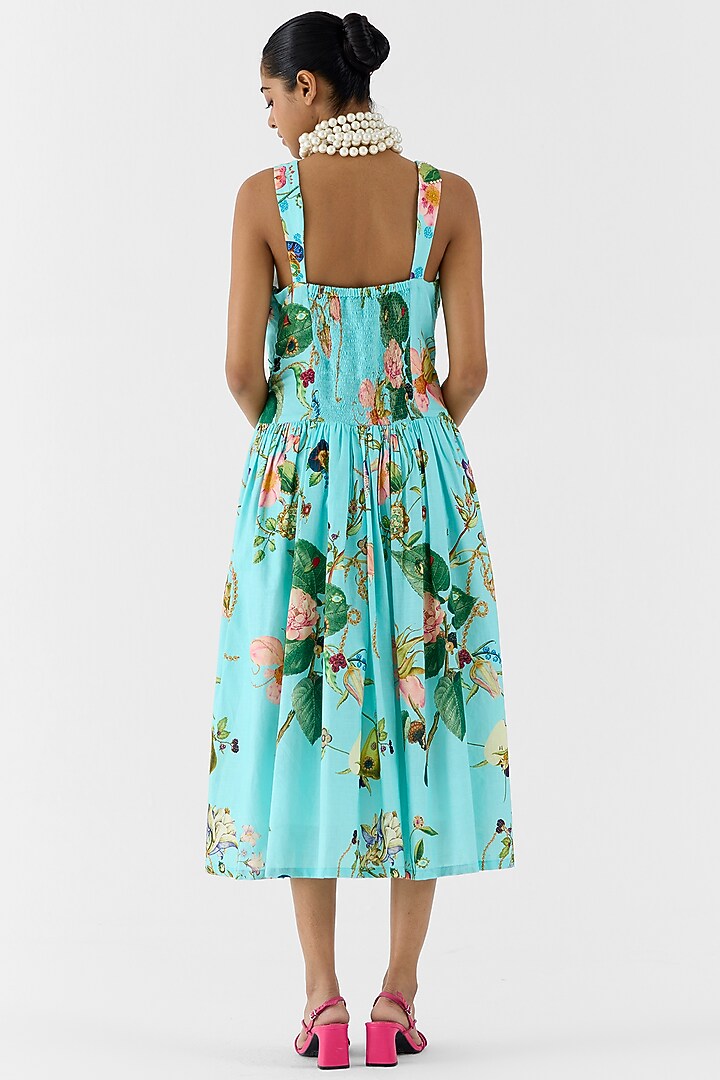 Blue Cotton Slub Hand Embroidered & Floral Printed Vacation Dress by Studio Rigu at Pernia's Pop Up Shop