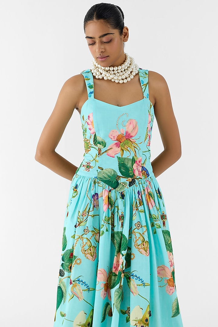 Blue Cotton Slub Hand Embroidered & Floral Printed Vacation Dress by Studio Rigu at Pernia's Pop Up Shop