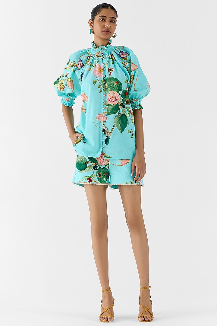 Blue Cotton Slub Floral Printed Co-Ord Set by Studio Rigu at Pernia's Pop Up Shop