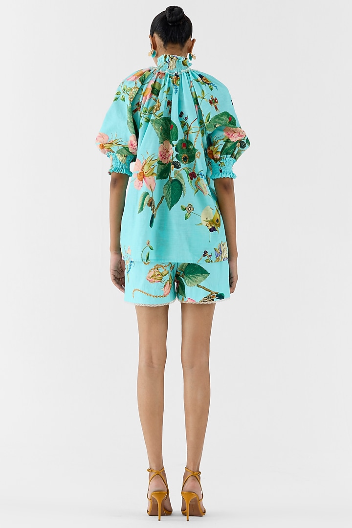 Blue Cotton Slub Floral Printed Co-Ord Set by Studio Rigu at Pernia's Pop Up Shop