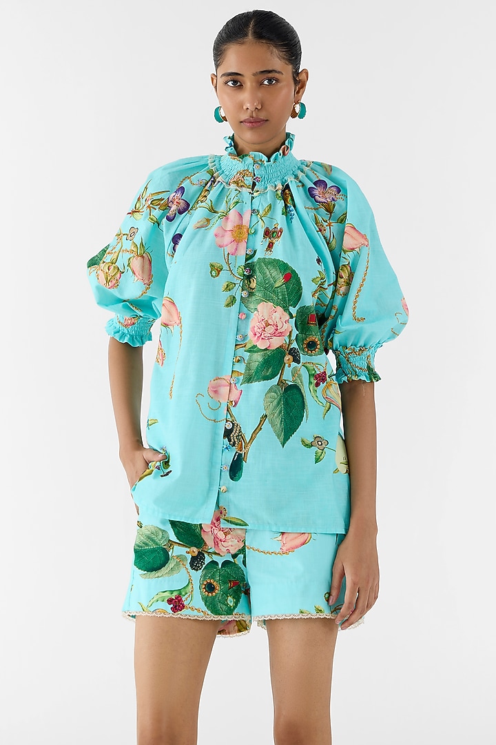 Blue Cotton Slub Floral Printed Co-Ord Set by Studio Rigu at Pernia's Pop Up Shop