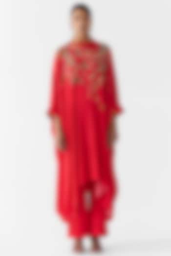 Red Vegan Silk Printed & Embroidered Co-Ord Set by Studio Rigu at Pernia's Pop Up Shop