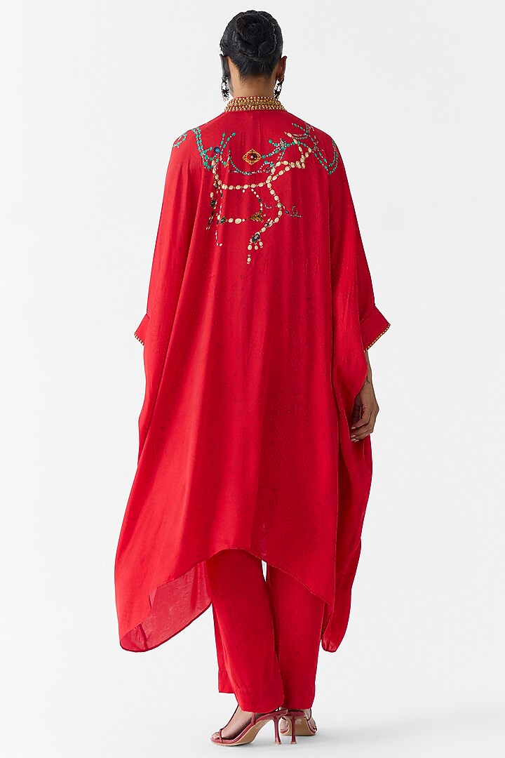 Red Vegan Silk Printed & Embroidered Co-Ord Set by Studio Rigu at Pernia's Pop Up Shop