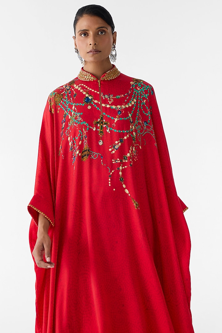 Red Vegan Silk Printed & Embroidered Co-Ord Set by Studio Rigu at Pernia's Pop Up Shop