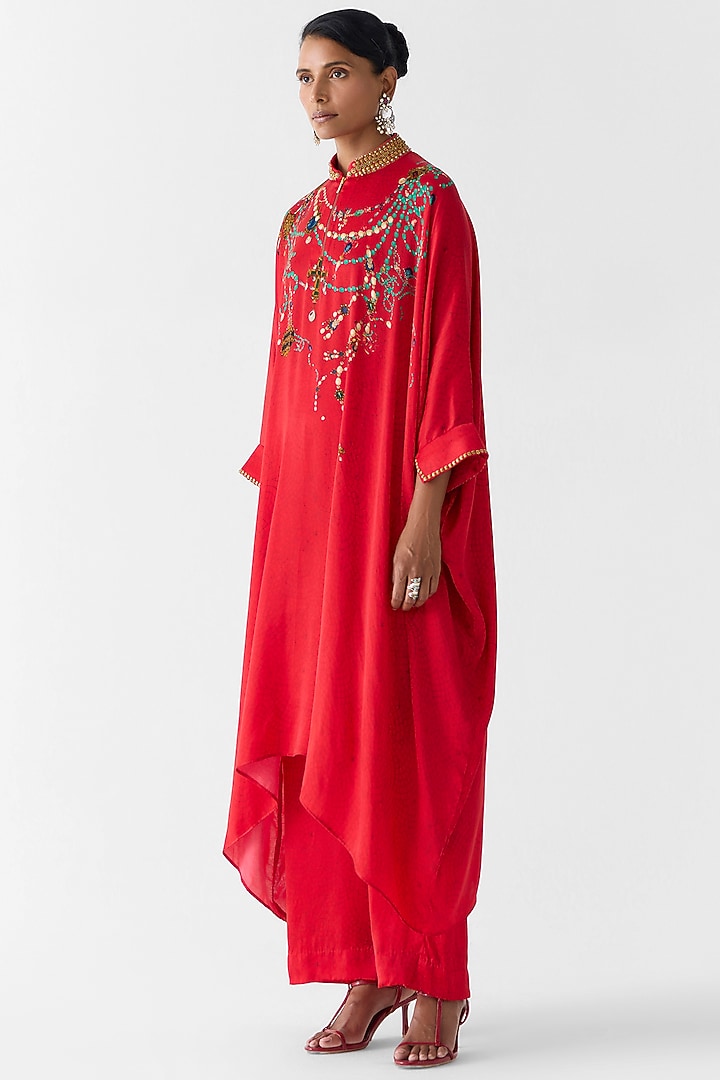Red Vegan Silk Printed & Embroidered Co-Ord Set by Studio Rigu at Pernia's Pop Up Shop