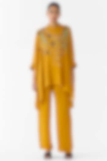 Mustard Vegan Silk Printed & Embroidered Co-Ord Set by Studio Rigu at Pernia's Pop Up Shop