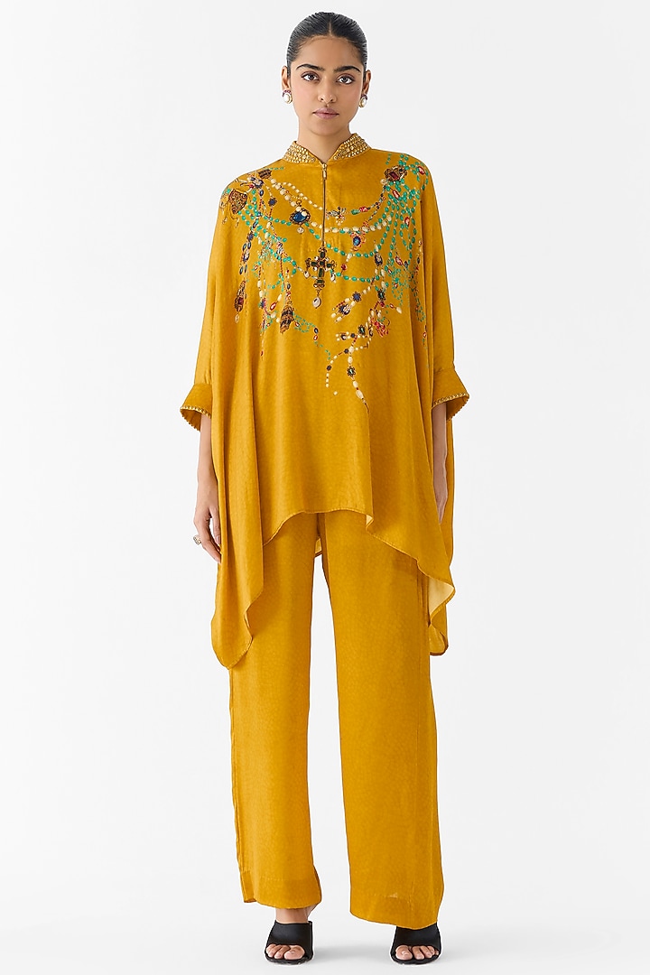 Mustard Vegan Silk Printed & Embroidered Co-Ord Set by Studio Rigu at Pernia's Pop Up Shop