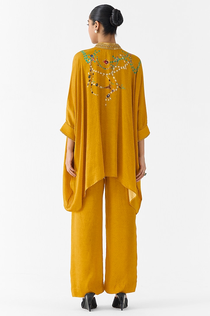 Mustard Vegan Silk Printed & Embroidered Co-Ord Set by Studio Rigu at Pernia's Pop Up Shop