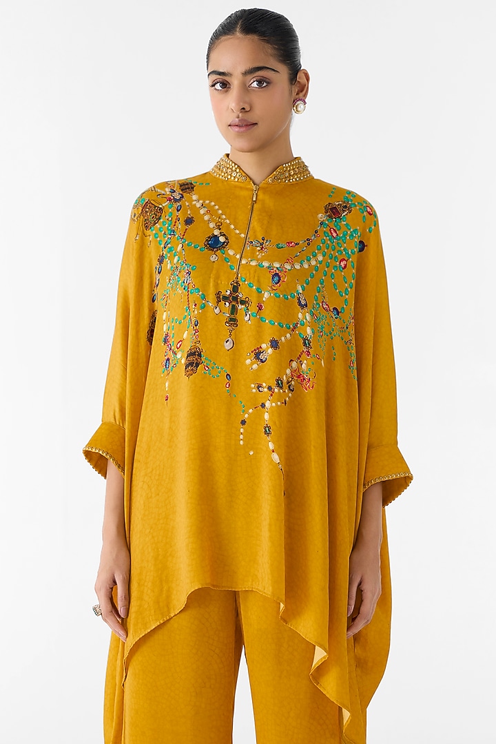 Mustard Vegan Silk Printed & Embroidered Co-Ord Set by Studio Rigu at Pernia's Pop Up Shop