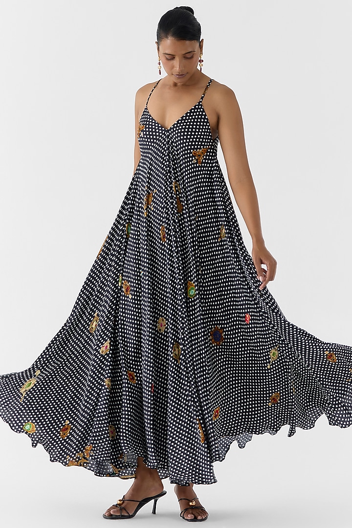 Black Vegan Silk Polka Dot Printed A-line Summer Dress by Studio Rigu at Pernia's Pop Up Shop