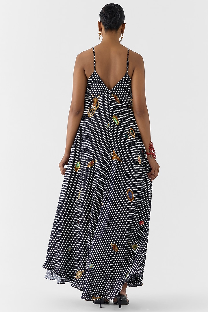 Black Vegan Silk Polka Dot Printed A-line Summer Dress by Studio Rigu at Pernia's Pop Up Shop