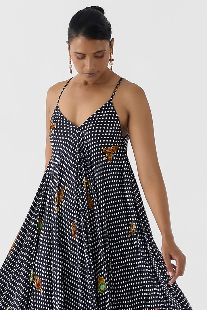 Black Vegan Silk Polka Dot Printed A-line Summer Dress by Studio Rigu at Pernia's Pop Up Shop