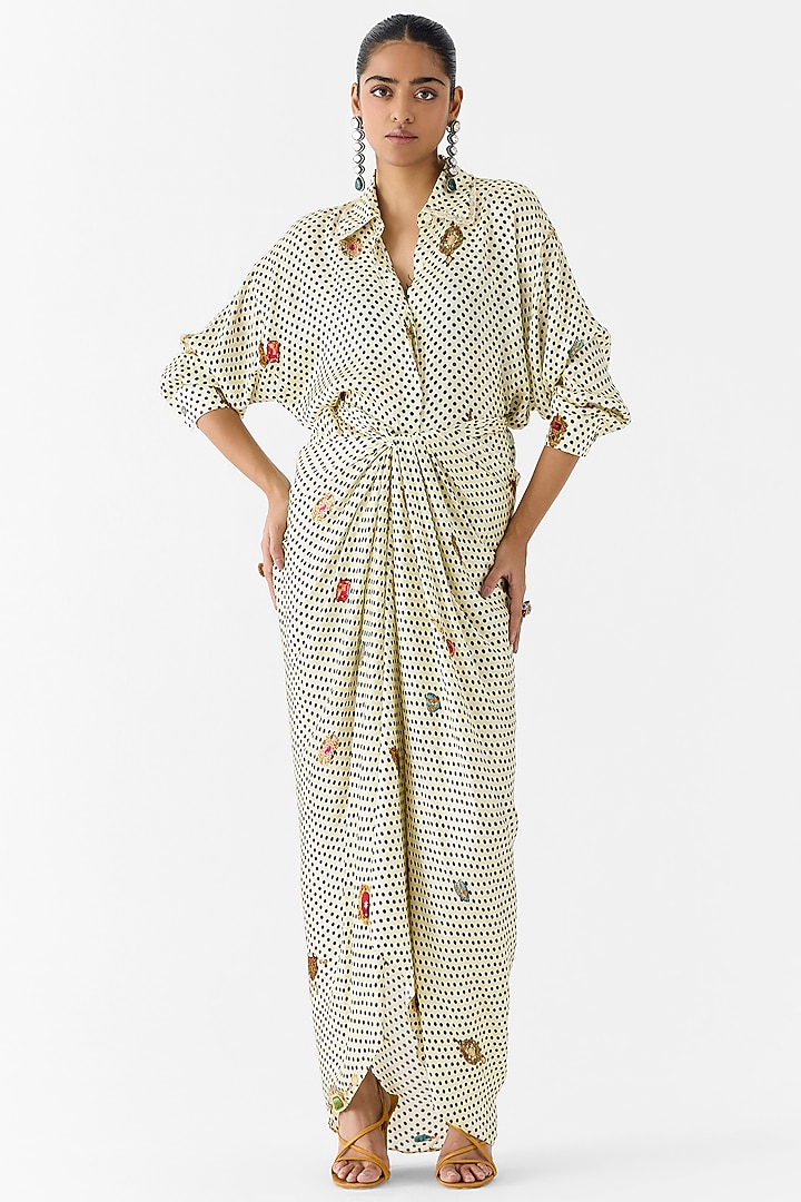 White Vegan Silk Polka Dot Printed Kimono Summer Dress by Studio Rigu at Pernia's Pop Up Shop