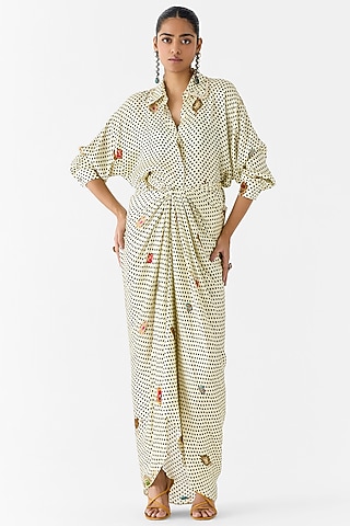 White Vegan Silk Polka Dot Printed Kimono Dress by Studio Rigu