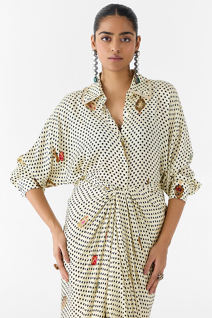 White Vegan Silk Polka Dot Printed Kimono Summer Dress by Studio Rigu at Pernia's Pop Up Shop