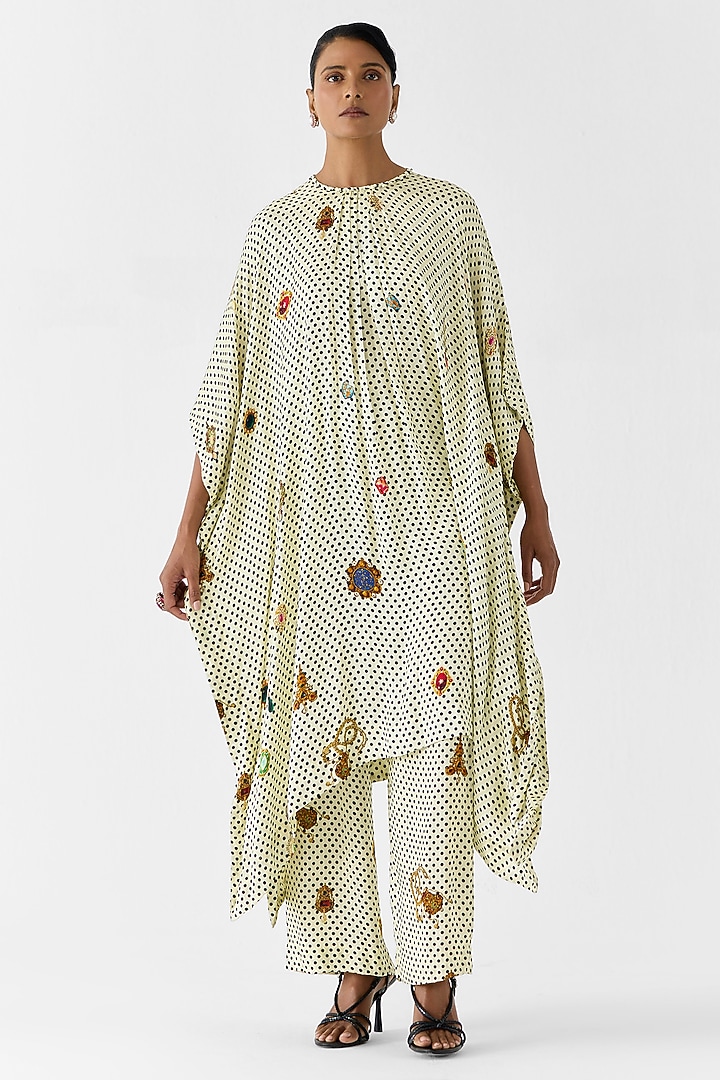 White Vegan Silk Polka Dot Printed Co-Ord Set by Studio Rigu at Pernia's Pop Up Shop