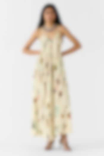 Cream Vegan Silk Digital Printed Asymmetrical Summer Dress by Studio Rigu at Pernia's Pop Up Shop