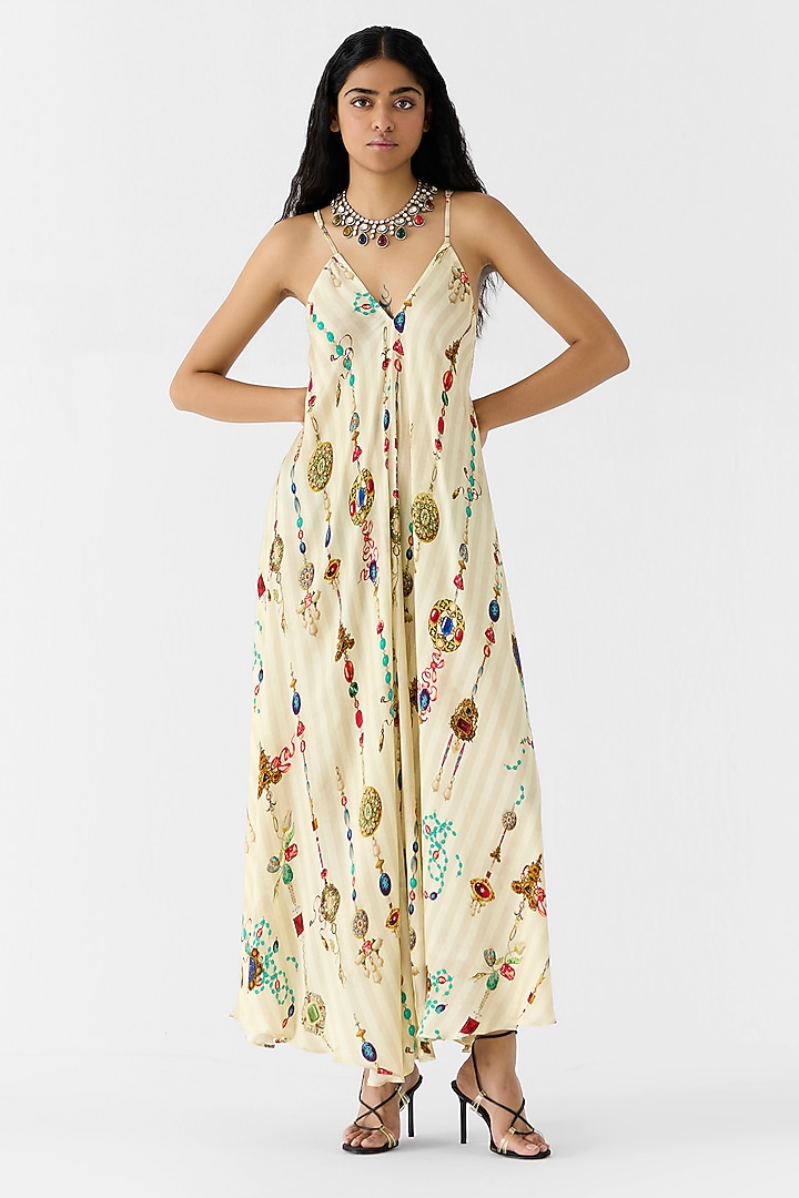 Cream Vegan Silk Digital Printed Asymmetrical Summer Dress by Studio Rigu at Pernia's Pop Up Shop
